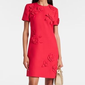 NEW! Flower Embroidered Short-Sleeve Crepe Couture Short Dress with roses